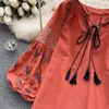 Women's Blouses Women Autumn Blouse Korean Version Embroidered Ethnic Style Tassel Loose Tie Round Neck Lantern Sleeve Tops