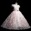 2021 Belles robes de filles de fleurs de lavande 3D Fleurs Filles Pageant Robes pour enfants Fête de mariage Dentelle Première Sainte Communion Dress242S