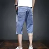 Herren Shorts Half Cargo Male Denim Shorts Lang Gerade mit Taschen Knielang Bermuda Stretch Streetwear Retro Cut Herren Kurze Jeans Hosen 230720