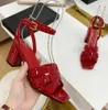 moda patent deri sandalet kalın topuk açık ayak parmağı düğmesi ile kare baş gladyatör sandalias elbise bayan parlak su geçirmez seksi yüksek topuklu bant boyutu 35-42