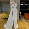 New White Satin Long Sleeve Evening Dresses A Line Formal Dress Prom Party Gown Gown Applique High Neck Thigh-High Slits Custom292E