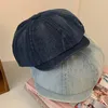 Berets Vintage Denim Baskenmütze Hüte Für Frauen Einfarbig Sboy Caps Achteckige Hut Gewaschen Flache Kurze Krempe Maler Kappe