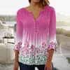 Women's T-Shirt 3D Flower Print V Neck Buttons Blouse Shirt Fashion 3/4 Short Sleeve Casual Elegant T-Shirts Blouses Y2K Women Summer Clothing 230721