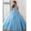 Long Sleeve Sky Blue Ball Gown Quinceanera Dresses V Neck Lace Appliques Long Prom Sweet 16 Prom Gowns Vestidos De Quinceanera1873