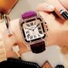 Vintage Dames Horloge Strass Mode Student Quartz Horloges Echte Lederen Riem Vierkante Diamanten Inzet Mineraal Glas Dames Wristwa244R