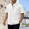 Erkek sıradan gömlekler retro üstler erkekler göğüs cep gömlek yaz standı yaka kısa kollu yama single