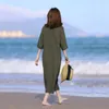 Robes de soirée femmes col en V coton lin robe d'été avec poches rouge vert à manches courtes décontracté plage Maxi longue femme vêtements