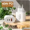 Зарядные устройства сотового телефона 40W 3A Dual PD USB C W Wall Charger 3ports QC3.0 Тип быстрого зарядки адаптер мощности US EU UK Plugs для S20 S22 UTRAL DH5CG