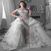 Glamorous Long Sleeves rhinestone mermaid Wedding Dresses with Detachable train Dubai High Neck Bride Dresses Overskirt tiered bri280N