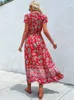 Основные повседневные платья Джим Нора Винтажный цветочный бохо с печеночным рукавами vestido v Sect Slit Midi A Line Bohemian Summer Beach Dress 230720