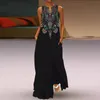 Grundläggande casual klänningar Bohemian tryckt lång klänning Kvinnor vintage ärmlös V-ringning maxi klänningar damer casual pocket beach party klänning vestidos kläder 230720