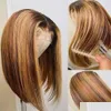 Perucas Sintéticas Destaque Curto Bob Peruca de Cabelo Humano Brasileiro Liso Renda Frontal Para Mulheres Ombre Marrom Encerramento Drop Delivery Produto Dhvot