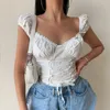 Camicia bianca con colletto quadrato allacciato in stile corte francese, manica a sbuffo pieghettata da donna, camicetta con fasciatura in cima alla clavicola