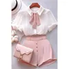 Women's Tracksuits Elegant Women 2 Pieces Sets Office Lady Casual White Shirts Blouse Fashion Pink Short Pants High Quality Outfits 2023