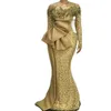 Eleganckie afrykańskie sukienki wieczorowe 2023 Długie rękawy cekinowa syrenka formalna sukienka Aso ebi ebi złota koronkowe aplikacje Promowe sukienki szatowe2631