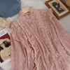 20 neue Frühjahr Frauen Rosa Spitze Bluse Sweety Mädchen Mesh-Shirt Laterne Hülse Rollkragen Blousas Grundlegende Tops Outwear Böden