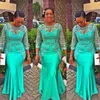 Charmoso Aso Ebi Verde Mangas Longas Vestidos De Noite Transparente Decote Renda Apliques Miçangas Sereia Vestidos de Baile Africano Plus Size Party Dre211O