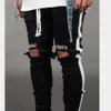 New Fashion Mens Jean Street Black Holes White Stripes Jeans Hiphop Skateboard Pencil Pants221r