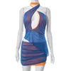 Tvådelklänning Blue Mesh Patchwork Dress Set BodyCon Club Party Two Piece Outfit Women Sexig grimma Backless Crop Top och minikjol kostym Summer 230720