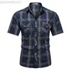 Men's Casual Shirts Men Lapel Shirt Plaid Printing Summer Short-sleeve Fashion Military Tops Casual Streetwear Male Work Shirts Army Green S-5XL L230721