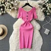 Casual Dresses High Quality Summer Vintage Knit Midi Dress for Women V-Neck Sleeve Tunic midje spets 111812