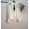 レディースブラウス韓国スタイルの服2023スプリングエレガントなフリル長袖シルク女性ブランドデザイナーホワイトレッドシャツフェム