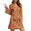 Casual Dresses 2st/Set Women Halloween Dress with HeadBand Floral Print V-Neck Fleared Long Sleeve Party Disco 1960 Dance