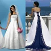 Vintage witte en blauwe A-lijn trouwjurken met strapless mouwloze pastels vlek grote maten lange kerk formele bruidsjurken249t