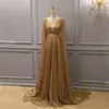 Gold Chiffon Arabic Formal Dresses Evening Wear with Cape Plunging Neck Evening Gowns Dubai A Line Chiffon Pleated Floor Length Pr276c