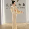 Bauchtanz-Kleidung für Damen, Netzstoff, Perlenärmel, Oberteil + langer Rock, 2-teiliges orientalisches Kostüm-Set für Mädchen, weibliches Übungskleidungs-Outfit