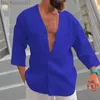 メンズカジュアルシャツ夏のファッションソリッドシャツトップカジュアルルーズシンプルなレトロカーディガンクォータースリーブプルオーバーワッフルシャツ男性服l230721
