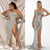 2021 Plus Size Arabo Aso Ebi Argento Abiti da ballo sexy alla moda Paillettes Alta spacco da sera Festa formale Secondo ricevimento Bridesmai218b