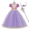 Vestido de princesa para meninas, fantasia de cosplay para crianças, vestido de festa de aniversário para meninas, conjunto de vestido de rapunzel de natal