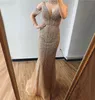 Mode Champagne Sirène Formelle Robes De Bal 2023 V-cou De L'épaule Perles Cristal Arabe Dubaï Femmes Célébrité Robes De Soirée Sur Mesure Robe De Soirée