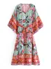 Basic Casual Jurken Vintage chique vrouwen rode bloemenprint vleermuis mouw strand Boheemse jurken Kimono Dames V-hals sjerpen Boho maxi jurk vestidos 230720