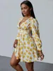 Plus Size Dresses WUHE Floral Printed Deep V-neck Draped High Waist Big Swing Dress 2023 Vintage Street Women Party Evening