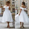 Simple Tea-length Wedding Dresses Off the shoulder White Ivory Satin A-line Short Bride Gowns Beach Plus Size Cheap Wedding wear 210D