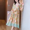 Casual Dresses 2023 Summer Vintage Chiffon Beach Sundress Floral Mulberry Silk Dress Women Elegant Loose Midje Party