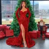 Femmes 2021 manches longues rouge paillettes robes de bal Sexy côté fente sirène brillant Bling soirée fête de noël robes272g