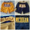 Vintage Just Don Shorts de Basquete Michigan Wolverines College Pocket Pants Azul Amarelo Masculino Com Zíper Costurado Logo S-XXL