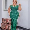 Elegant Green Aso Ebi Evening Dresses 2021 Short Sleeves Mermaid Satin Beaded Sexy Tassels Back With Slit Formal Party Gowns235M