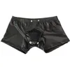 Sexy Men Boxers Open Crotch Boxers Faux Leather Stage U Convex Pouch Gay Wear Mens Underwear Jockstrap Fetish Erotic Lingerie259y