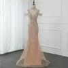 Mode Champagne Sirène Formelle Robes De Bal 2023 V-cou De L'épaule Perles Cristal Arabe Dubaï Femmes Célébrité Robes De Soirée Sur Mesure Robe De Soirée