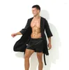 Roupa de dormir masculina Satin Homewear Robe com capuz Camisola de verão Quimono sólido Roupão de banho com cinto Lingerie íntima solta e fina