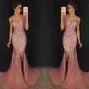2020 Rose Pink Bling V Szyjka Suknie wieczorowe Luksusowy kryształowy konkurs z koralikami sukienka Major feading podzielony pociąg formalny Pro243p