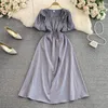 Casual Dresses Summer Vintage A-Line Midi Dress for Women Square Collar Kort ärm Tunika Hög midja Flouned Edge Ruffle Lace 112666