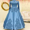 Blauw Moslim Avondjurken 2022 Hoge Hals Lange Mouwen Applique Kant Satijn Prom Jassen Elegante Vrouwen Formele Kleding Robe de Marriage2096