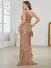 sexy Plus Size Mermaid Prom Dresses Oro lungo alto spacco una spalla Cristalli Applique in pizzo con perline Abito da sera su misura Abiti da cerimonia per occasioni formali