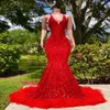 Arabian Sexy Black Girl Mermaid Prom Dresses Red Paillettes Elegante Backless Feather Abiti da sera lungo Abito da donna formale Robe de s3151