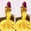 Yellow Elegant Off the Shoulder Lace Prom Evening Dresses Formal Long Sleeves Mermaid Appliques Satin Arabic Long African Formal 2295w